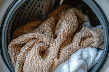 Close-up of a Brown and White Knitted Fabric in a Washing Machine Drum