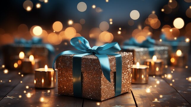 A beautifully wrapped gift box with glittery lights on blue, setting a joyful tone for Christmas and New Year celebrations.