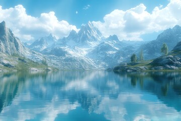 Naklejka premium A serene mountain lake with snow-capped peaks reflecting in the clear blue water, surrounded by green grass and a few trees.