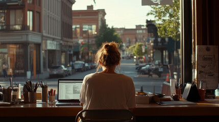 A person working at desk by large window, overlooking bustling street. warm sunlight creates cozy atmosphere, enhancing focus on productivity and creativity