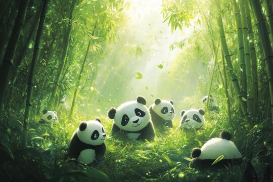 A group of adorable panda bears gather together in a lush bamboo forest, bathed in warm sunlight.