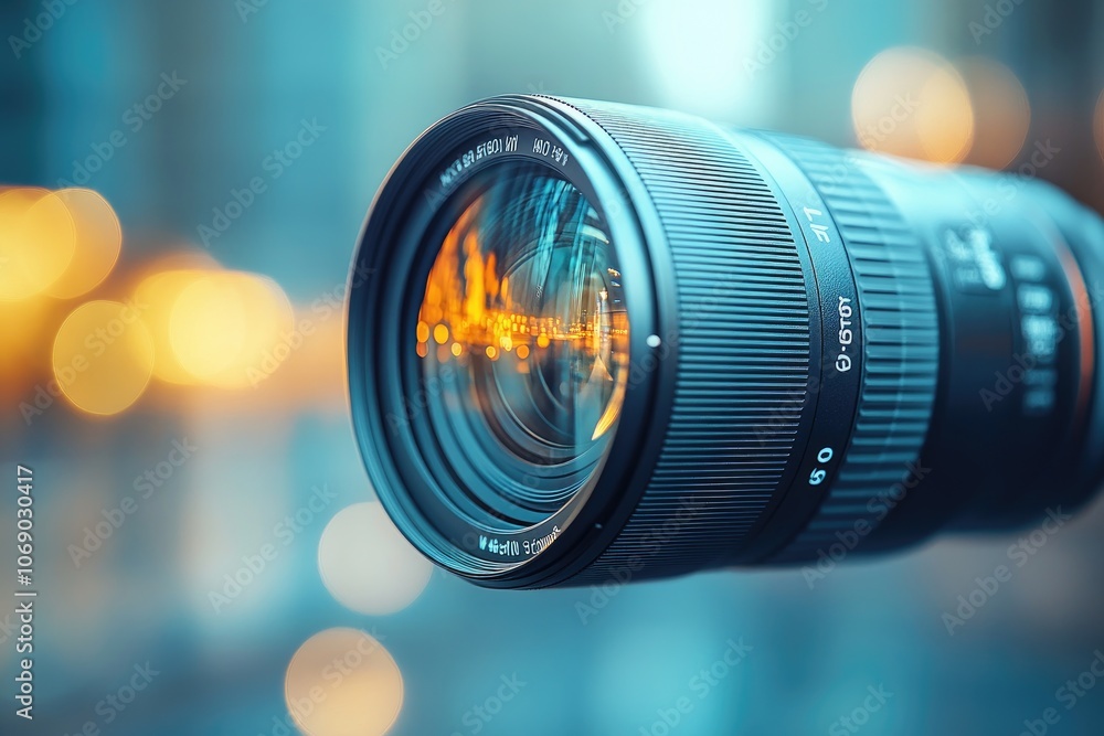 Poster close-up of a camera lens with bokeh background