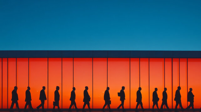 image captures striking silhouette of people walking against vibrant orange and blue backdrop, evoking sense of movement and purpose