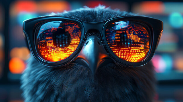 mockingbird wearing stylish sunglasses reflects vibrant cityscape. colorful reflections create striking contrast against bird dark feathers, evoking sense of urban coolness and charm