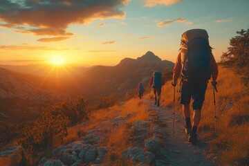 A group of hikers walks along a mountain trail at sunset.