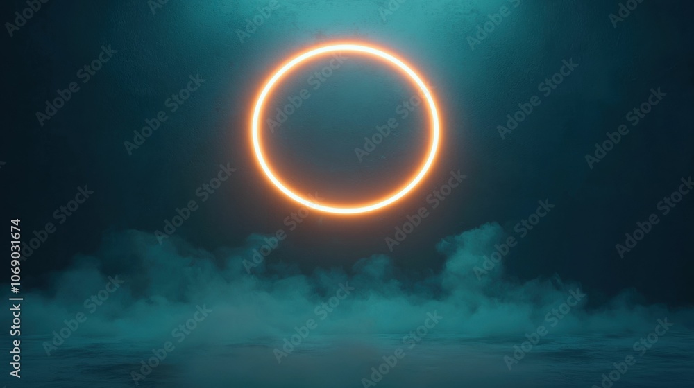 Poster glowing circular ring of light suspended in a dark, foggy setting, emanating a mysterious and serene