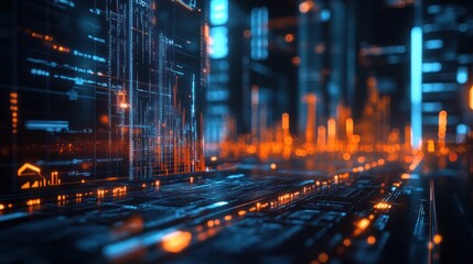 A futuristic cityscape with glowing lines and digital data flowing through the streets.