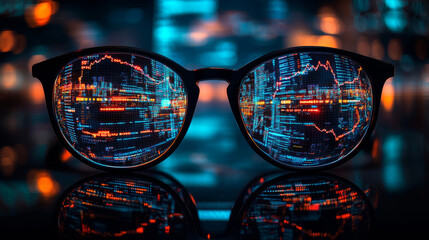 Glasses reflecting vibrant data visualizations, showcasing technology and innovation. colorful patterns symbolize fusion of style and digital information