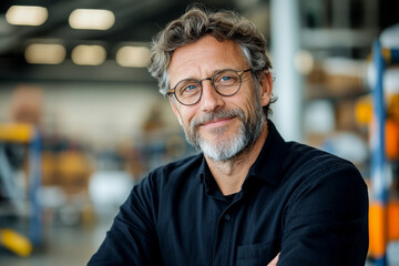 Obraz premium confident man with glasses and beard smiles warmly in an industrial setting, showcasing professional demeanor and approachable personality