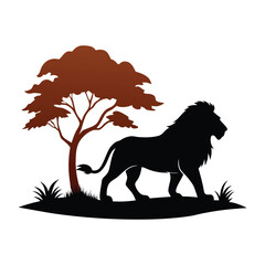 Majestic Lion Silhouette Walking Against African Savanna on White Background