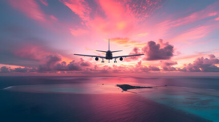 the plane flies in pink clouds