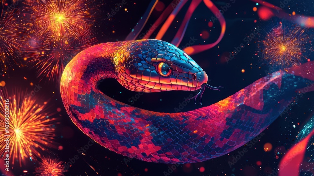 Poster a vibrant, neon snake with scales that shimmer with iridescent colors against a backdrop of red and 
