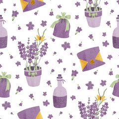 Provence lavender bouquet and rustic bottles pattern