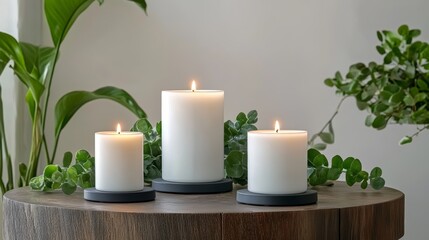 Three white candles on a rustic wooden table, serene and calming still life three