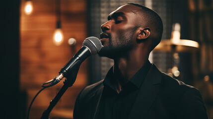 Afroamerykański mężczyzna pełny pasji, który z zapałem śpiewa przed mikrofonem w profesjonalnym studiu nagraniowym.