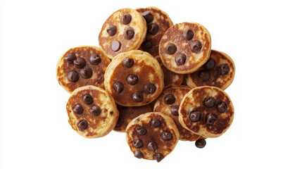 A pile of chocolate chip pancakes stacked together, showcasing a delicious breakfast treat.