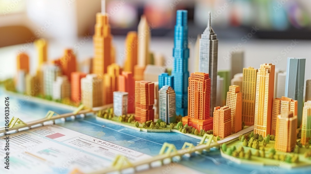 Poster a vibrant 3d cityscape featuring intricate hexagonal structures along a shimmering river, showcasing
