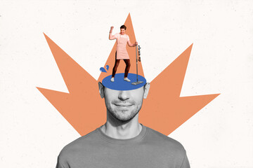 Poster collage of crazy house maid man cleaning human brain clear head like washing floor homework...