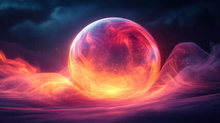 Obraz premium A luminous orb radiating soft gradient waves in a dark setting, adding depth and mystery to the abstract scene,