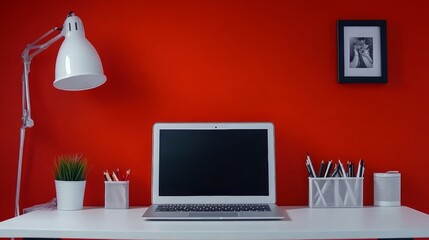 Red Wall Office Desk Workspace Laptop Computer Setup