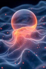 Fototapeta premium Glowing orb surrounded by undulating gradient waves, set against a dark background for an abstract feel,