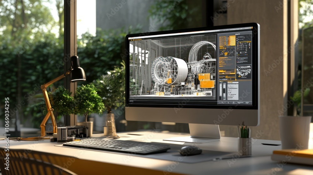 Poster modern workspace with technology and design elements