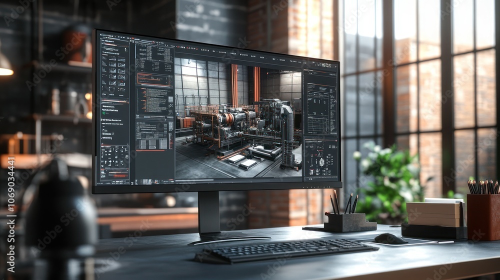 Aufkleber modern workspace with computer and industrial design