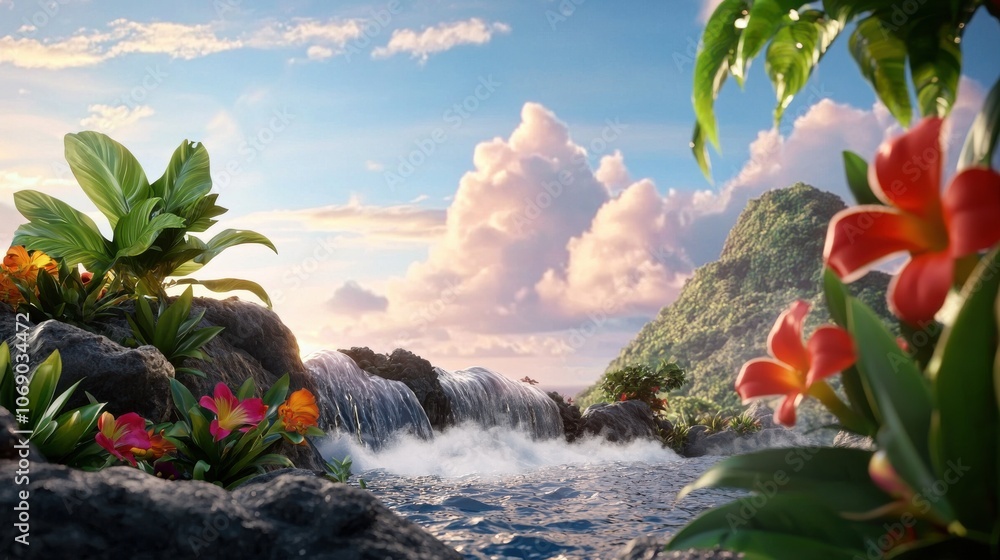 Poster surreal floating landscape with cascading waterfalls