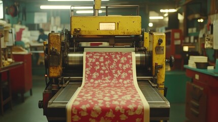 Vintage Printing Machine Textile Fabric Red Floral Pattern Design Industry