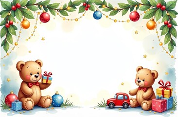 Obraz premium frame for text made from colourful kids toys, teddy bears, toy cars, balls, cubes, with golden garland lights, on white Christmas background, festive golden bokeh. Watercolor illustration