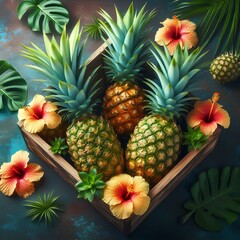 Fototapeta premium Tropical Pineapples in Wooden Box.