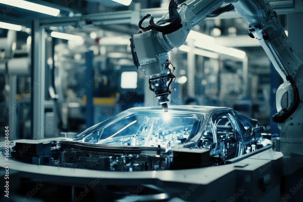 Poster robot arm assembling car chassis in factory setting