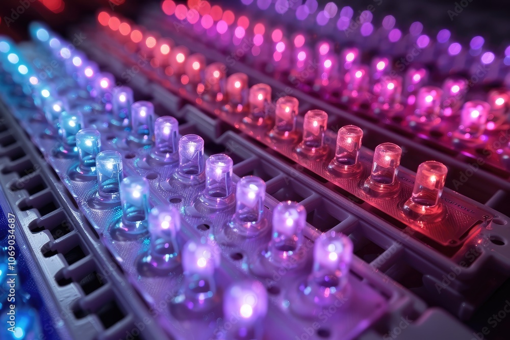 Poster close-up of a circuit board with rows of illuminated leds