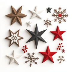 Obraz premium A decorative arrangement of stars and snowflakes in various colors and textures, perfect for festive holiday themes.