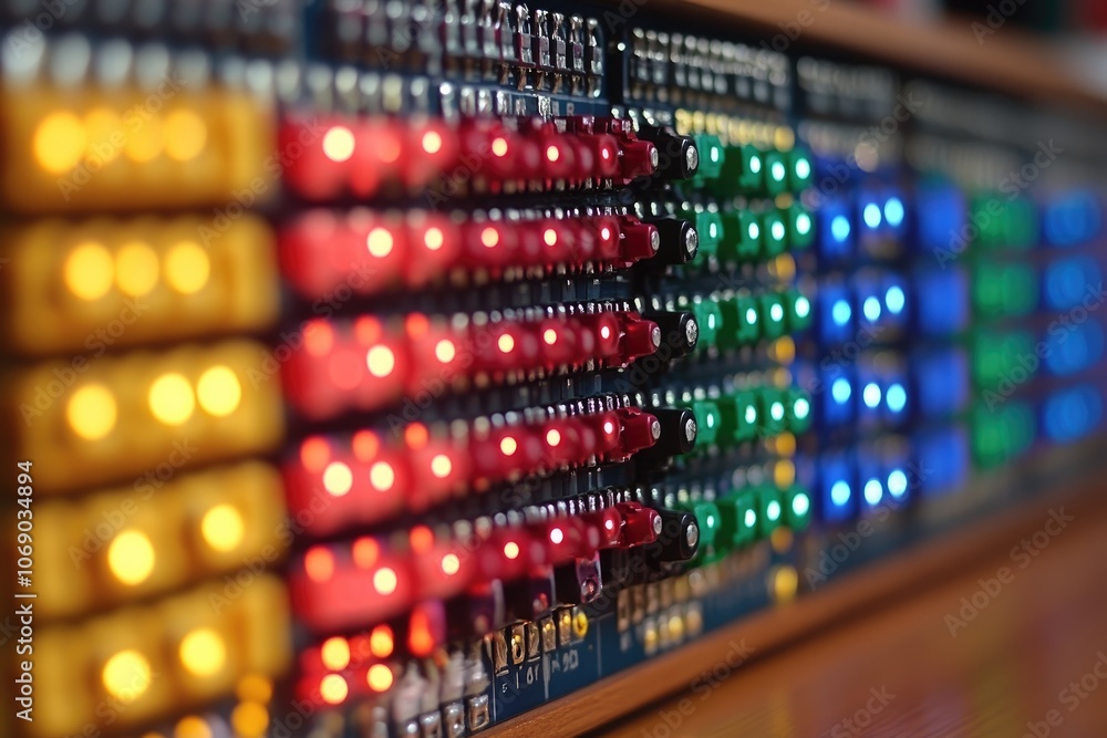 Poster close-up of a circuit board with rows of illuminated leds in yellow, red, green and blue colors.