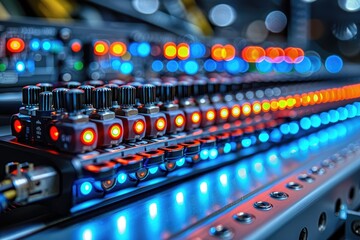 Close-up of a Control Panel with Illuminated Buttons and Knobs