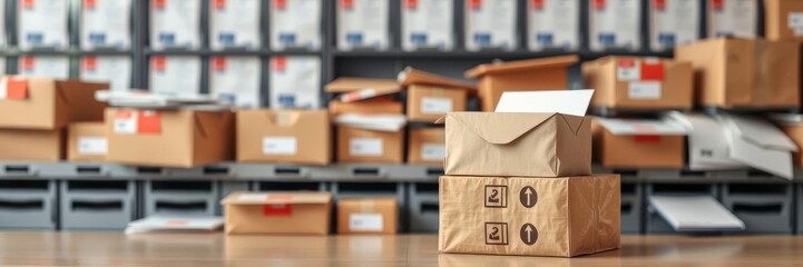 Post office counter with rows of mail slots and packages waiting to be delivered, organization, workspace