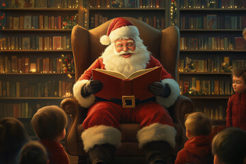 Santa Claus sitting in armchair and reading Christmas fairy tales to children listening attentively in cozy library decorated for Christmas