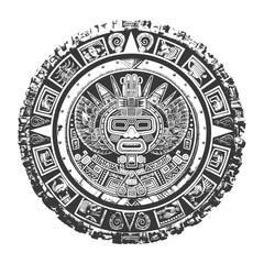 Circular Aztec Design with a Central Mask and Intricate Patterns
