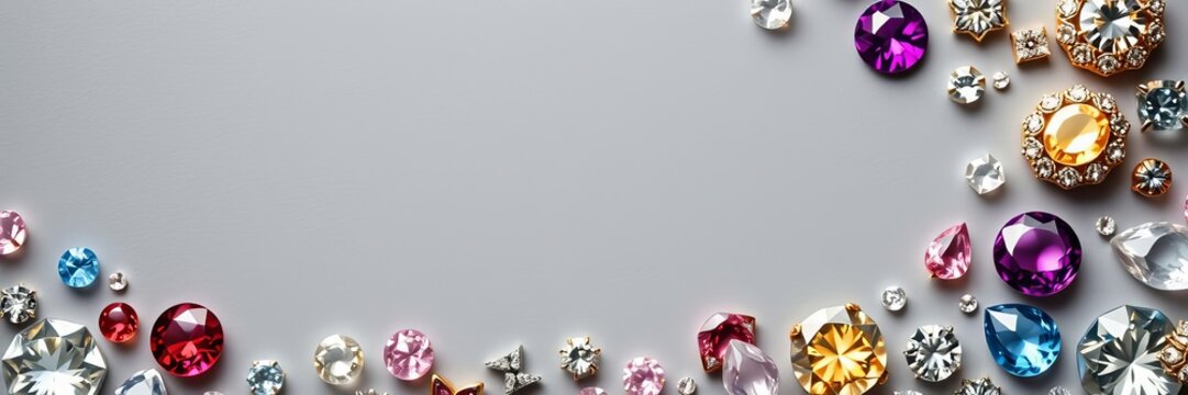 Shiny array of assorted jewels on a sleek grey background, expensive, jewels