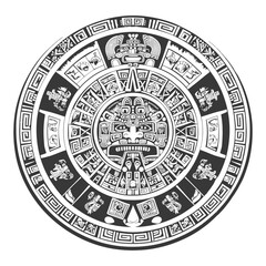 Circular Aztec Design with Central Deity and Surrounding Animal and Geometric Motifs
