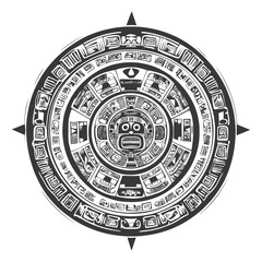 Circular Aztec Design with Central Face and Symbolic Motifs