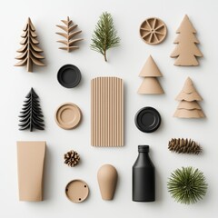 A collection of various nature-inspired, brown-toned decorative elements, including trees, leaves, and geometric shapes, arranged artfully on a light background.