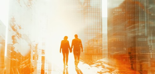 Obraz premium Abstract Silhouette of Couple Walking in Cityscape