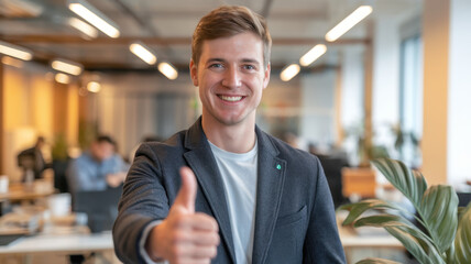 A young Caucasian man in a blazer smiles confidently while giving a thumbs-up in a modern office setting, exuding positivity and professionalism.