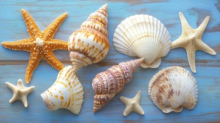 Seashells and Starfish on Blue Wooden Background.