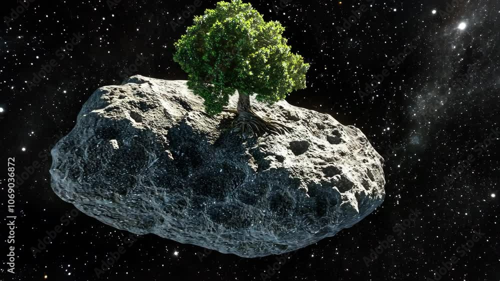 Wall mural a tree grows on an asteroid in outer space