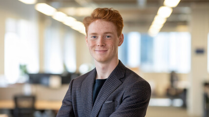 Obraz premium A confident young Caucasian man with reddish hair poses in an office environment. His smart attire and cheerful expression convey professionalism and approachability.