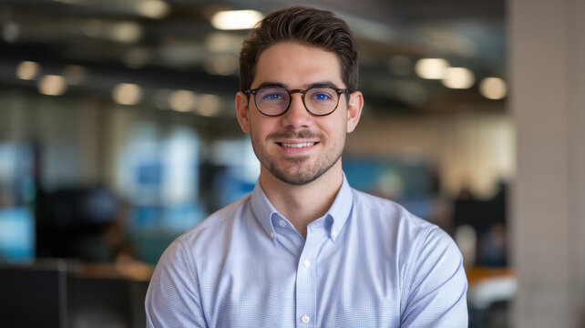 Young Caucasian man with glasses smiling confidently in a modern office environment, reflecting professionalism and engagement.