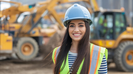 A young Hispanic woman in a hard hat and safety vest smiles confidently at a construction site, surrounded by heavy machinery and a busy working atmosphere.